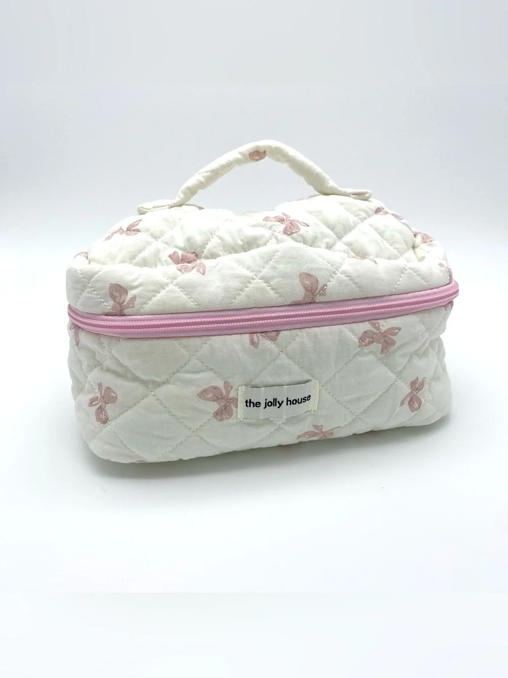 The Jolly House White Pink Bow Print Quilted Makeup Bag Zipper Handle
